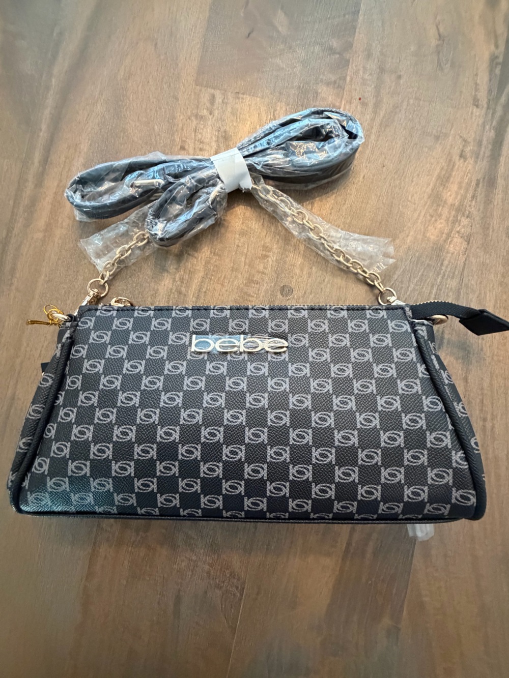 bebe Black Logo-Print Crossbody with Gold Chain Strap NWT